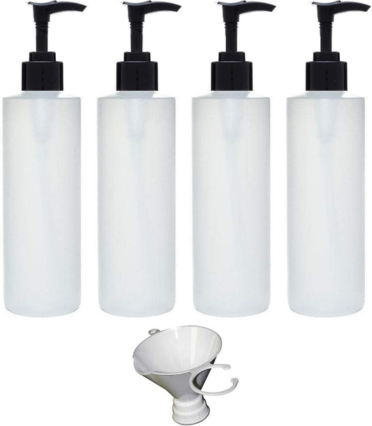 Earth's Essentials Four Pack of Refillable 8 Oz. HDPE Plastic Pump Bottles with Patented Screw On Funnel-Great for Dispensing Lotions, Shampoos and Massage Oils.