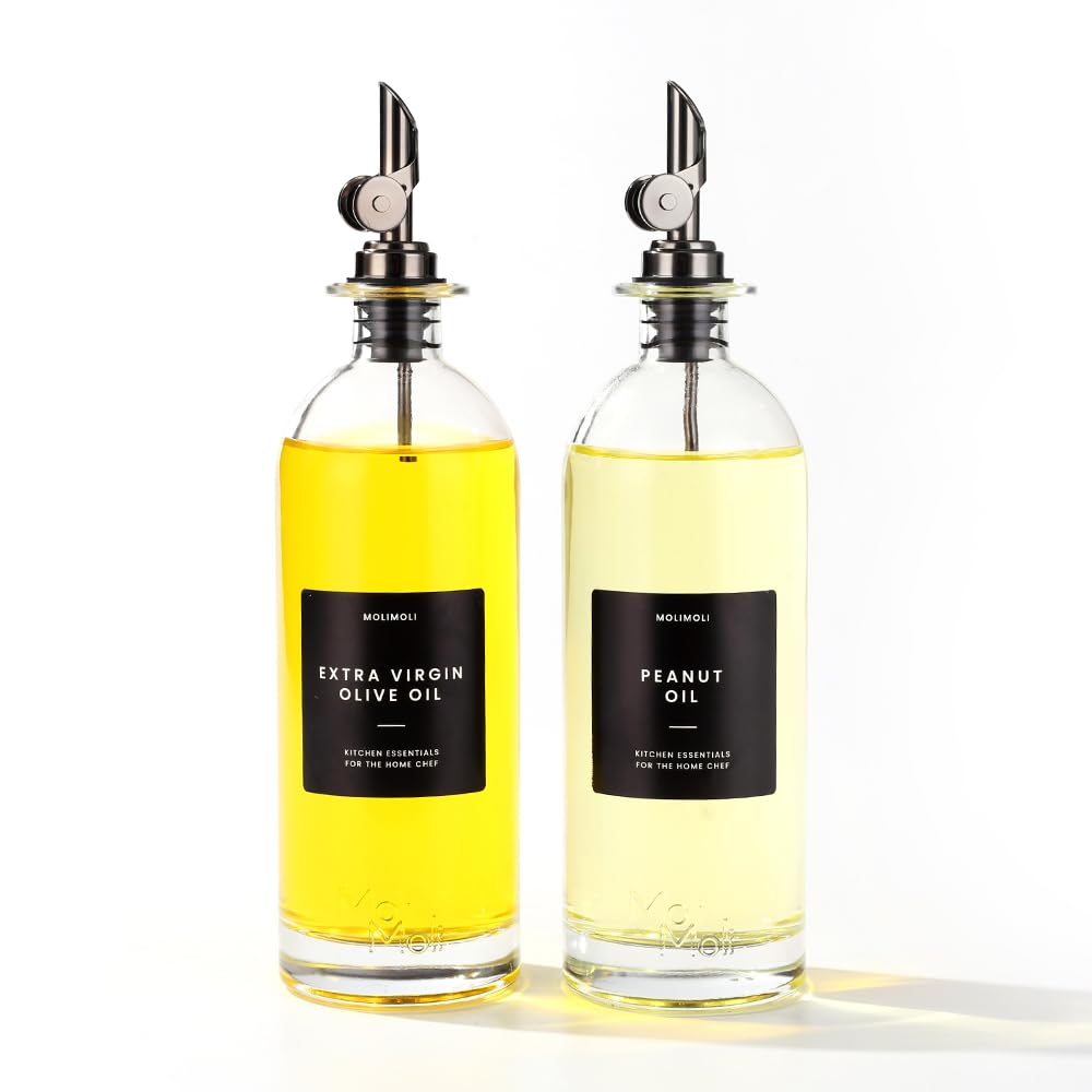 Molimoli Oil and Vinegar Dispenser with Metal Pour Spout, Weighted Pourer, Glass Bottle Dispenser for Kitchen, Olive Oil Cruet, Glass Olive Oil Bottle | 500ml, Set of 2
