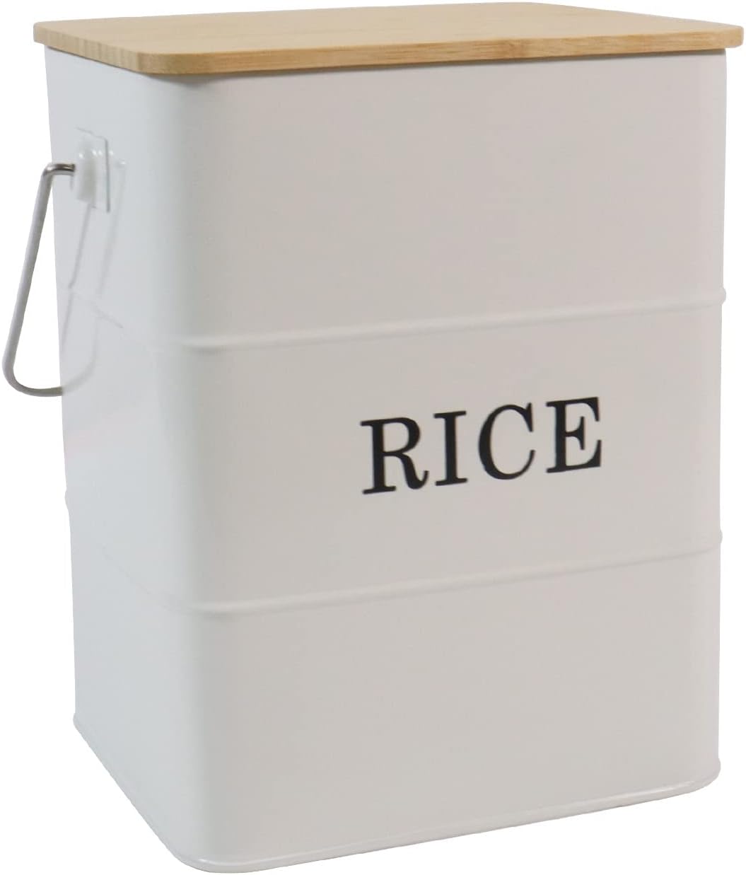 Rice Container Metal Rice Storage Bin, Rice Storage Box with Airtight Bamboo Lid & Scoop, Food Storage Container for Rice Flour Soybean Grain Cereal (White)