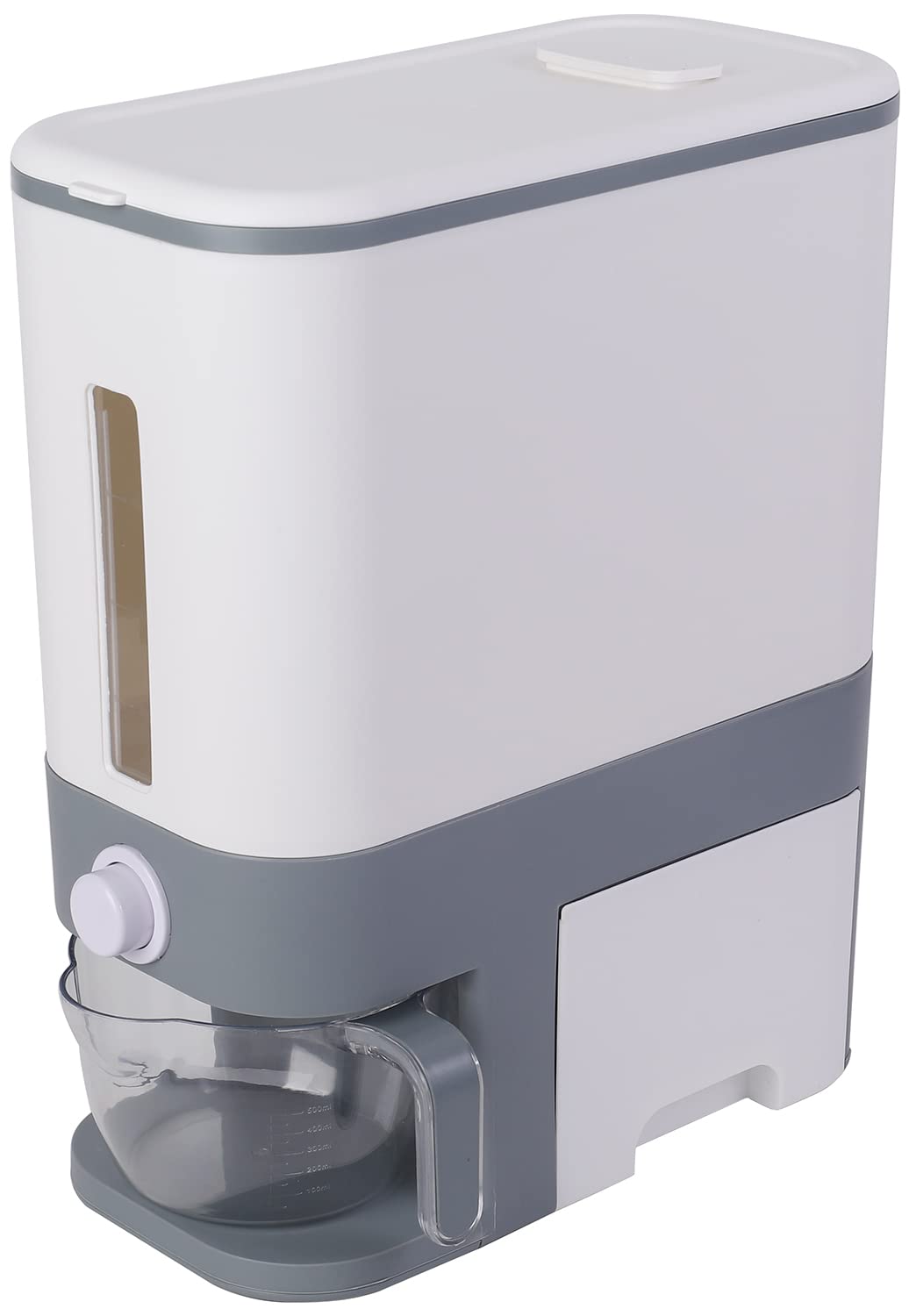 Sooyee 11 Lbs Rice Container with Measuring Cup, White and Grey