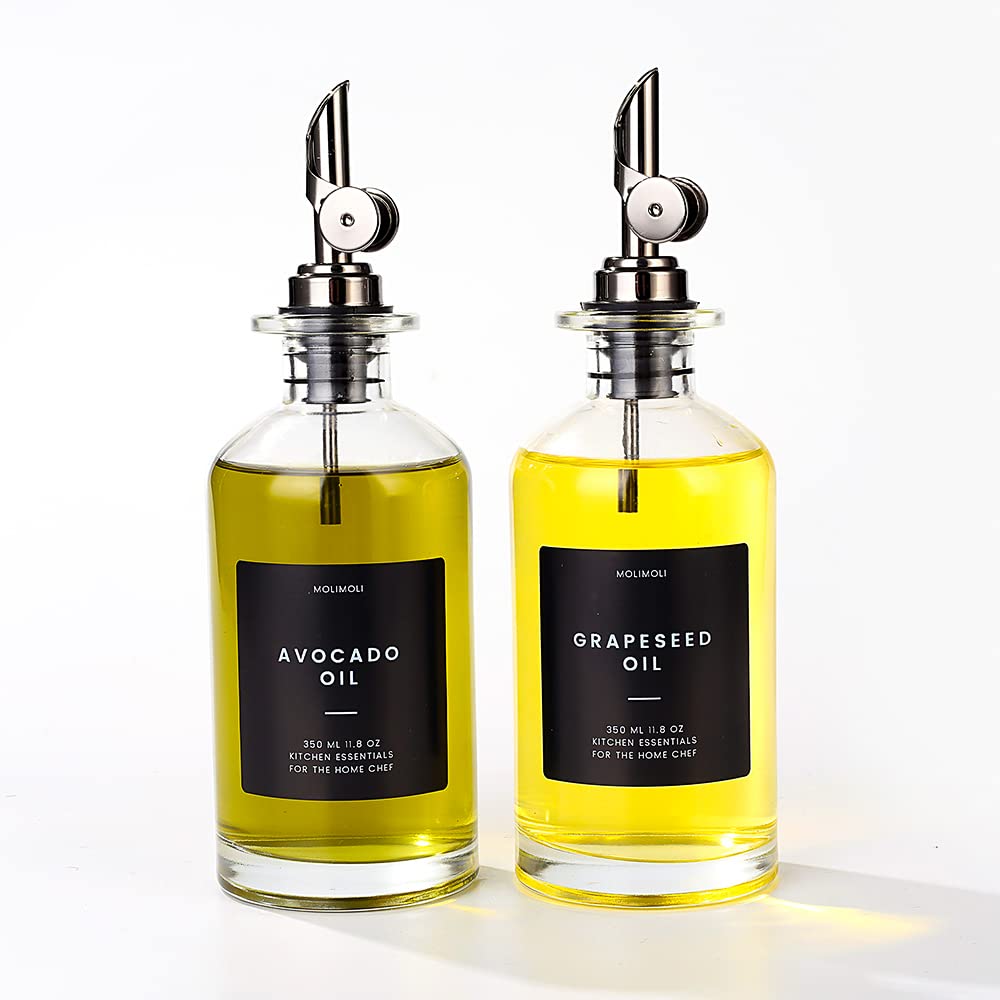 Molimoli - Premium Olive Oil Dispenser Bottles for Kitchen with Pourer - Oil and Vinegar Dispenser Set, Glass Dispenser for Kitchen, Dispenser Bottle of 350ml - Set of 2