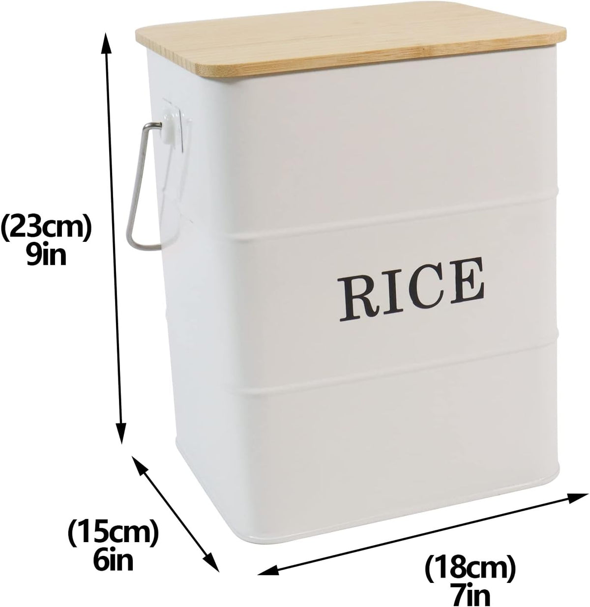Rice Container Metal Rice Storage Bin, Rice Storage Box with Airtight Bamboo Lid & Scoop, Food Storage Container for Rice Flour Soybean Grain Cereal (White)
