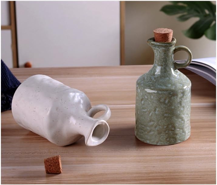Green Ceramic Olive Oil Dispenser Bottle with Cork Stopper 13.5Oz