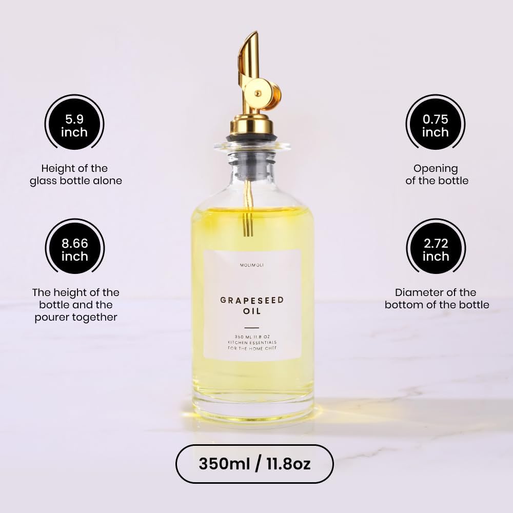 Molimoli - Premium Olive Oil Dispenser Bottles for Kitchen with Pourer - Oil and Vinegar Dispenser Set, Glass Dispenser for Kitchen, Dispenser Bottle of 350ml - Set of 2