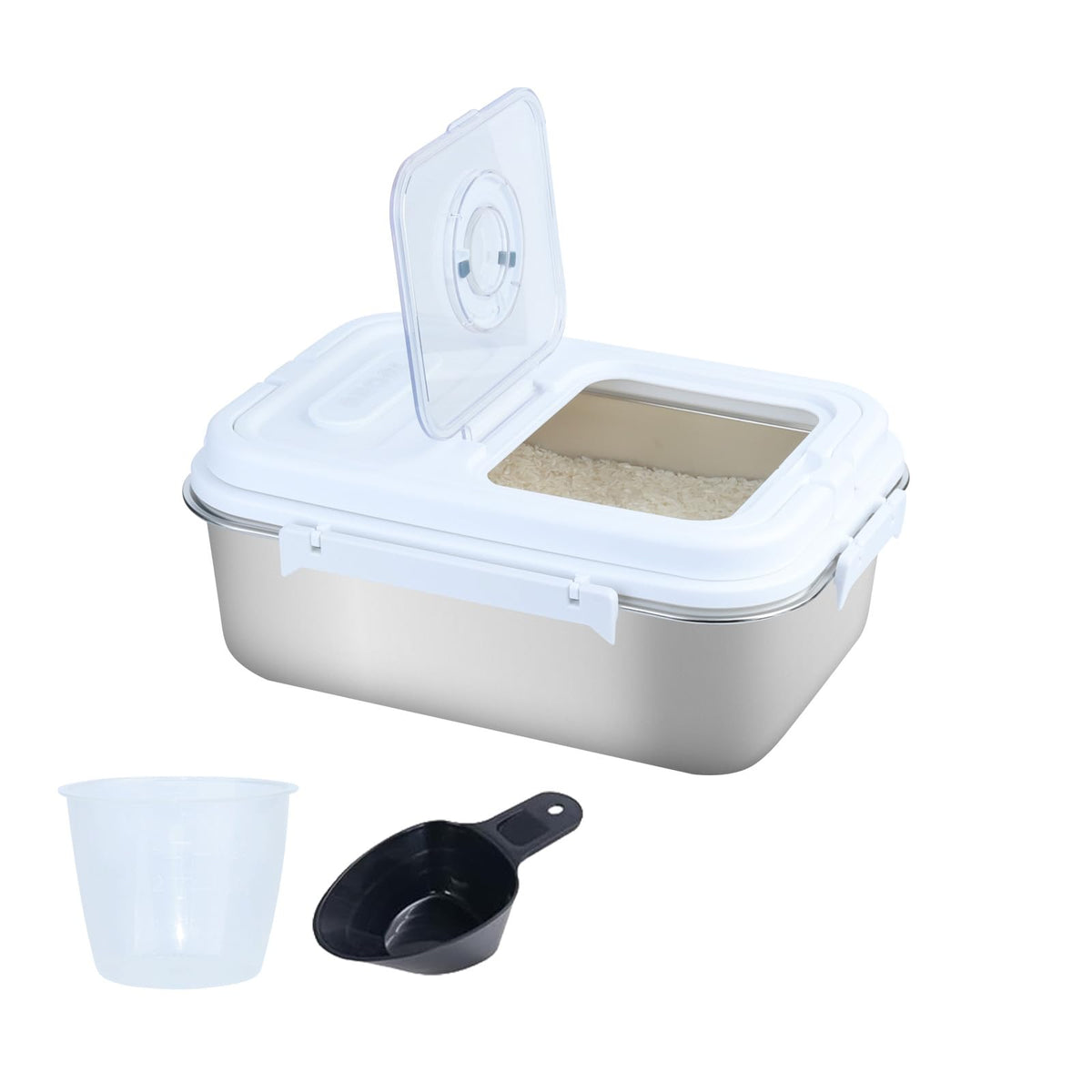 15Lbs Airtight Rice Container with Flip Lid, Stainless Steel Food Storage Container with Date Tracker, Measuring Cup and Spoon, 7.5L Portable Kitchen Pantry Bin for Flour Grain Sugar - Silver