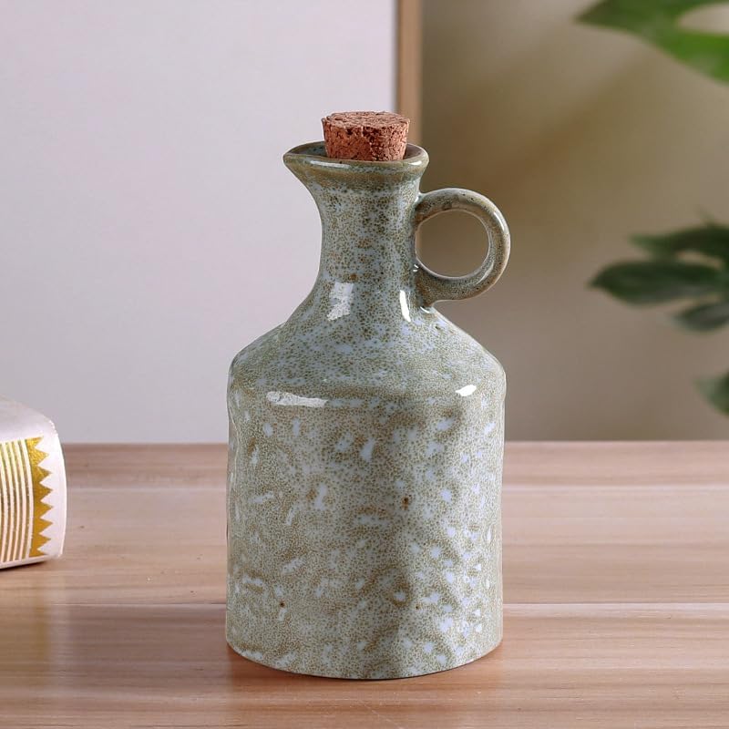 Green Ceramic Olive Oil Dispenser Bottle with Cork Stopper 13.5Oz
