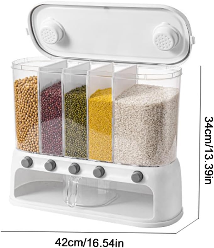 ETOYA Dry Food Dispenser, Wall mounted 5 Grid Cereal Dispenser,Rice dispenser 25 pounds Kitchen Storage with Measuring Cup for Kitchen, Pantry, Restaurant & Bulk Food