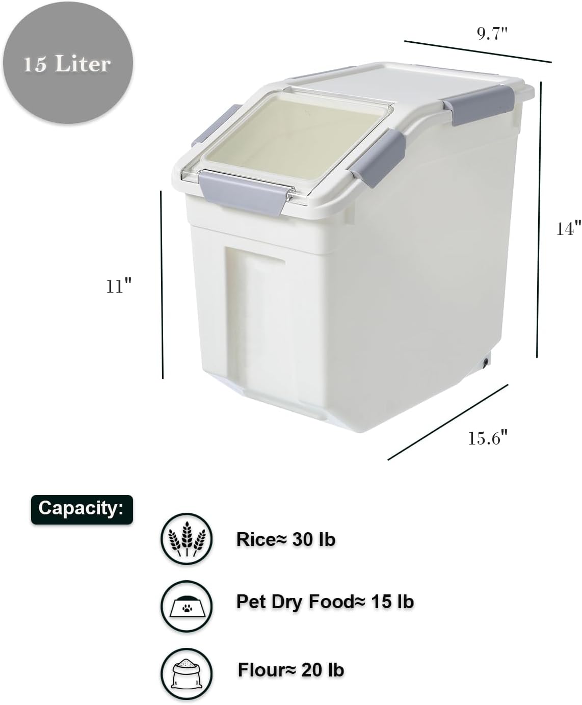HANAMYA 15 Liter / 30 lbs Rice Storage Container with Measuring Cup, BPA free, For Rice | Grain | Pet Food | Flour, 2 count, White