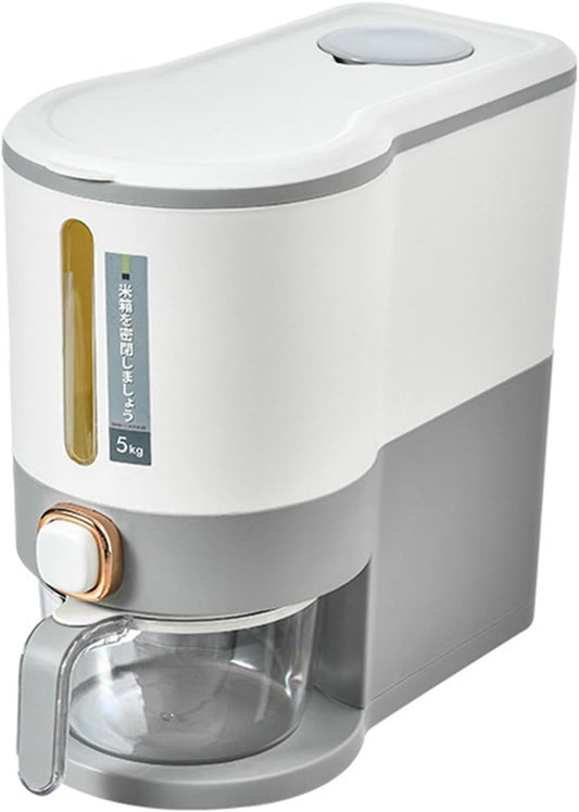 Rice Dispenser, 5kg/10kg Rice Cereal Storage Containers, Press Type Kitchen Rice Bucket, Cereal Rice Box with Measuring Cup, Reusable Household Cereal Dispenser Bucket for Kitchen Countertop Pantry