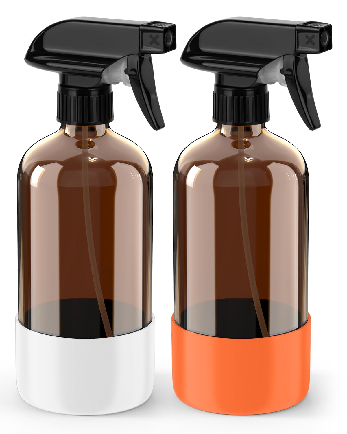 Bontip Glass Spray Bottle with Silicone Sleeve Protection, Amber Glass Spray Bottle Set for Window Cleaner Aromatherapy Facial Hydration Watering Flowers Hair Care 2 Pack/16 oz (Black & Brown)