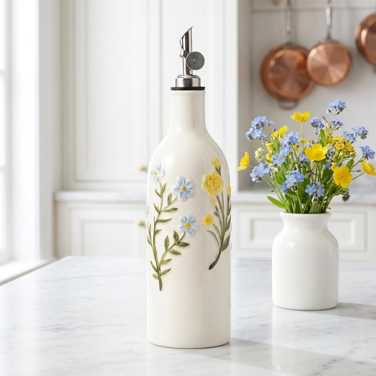 Ceramic Olive Oil Dispenser Bottle with Spout, 18 OZ, Flower