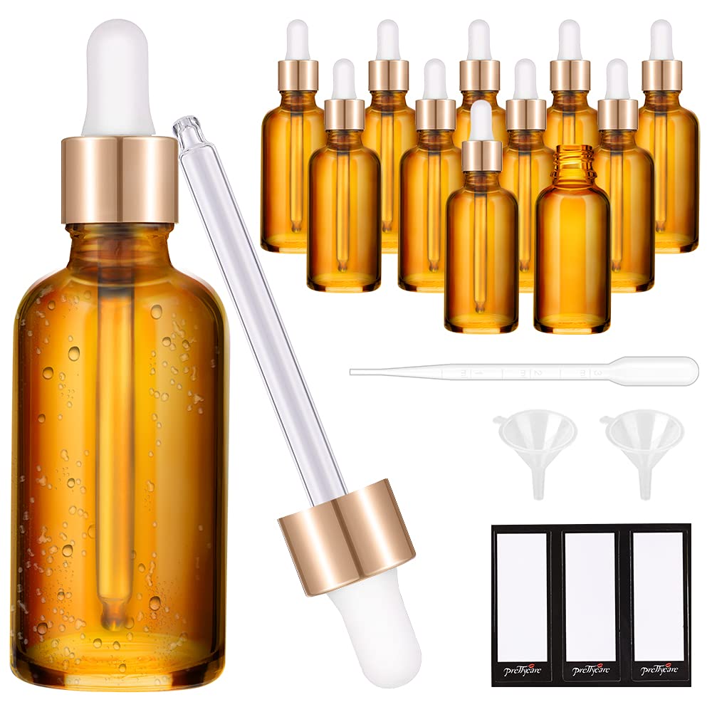 PrettyCare Glass Eye Dropper Bottles 24 Pack, 1oz (30ml) Clear Empty Thick Bottles Bulk with Leakproof Golden Caps - With Labels & Funnels for Storage, Travel, Essential Oils, Cuticle Oils, Tinctures