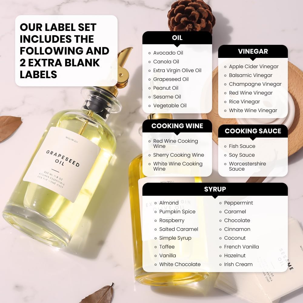 Molimoli - Premium Olive Oil Dispenser Bottles for Kitchen with Pourer - Oil and Vinegar Dispenser Set, Glass Dispenser for Kitchen, Dispenser Bottle of 350ml - Set of 2