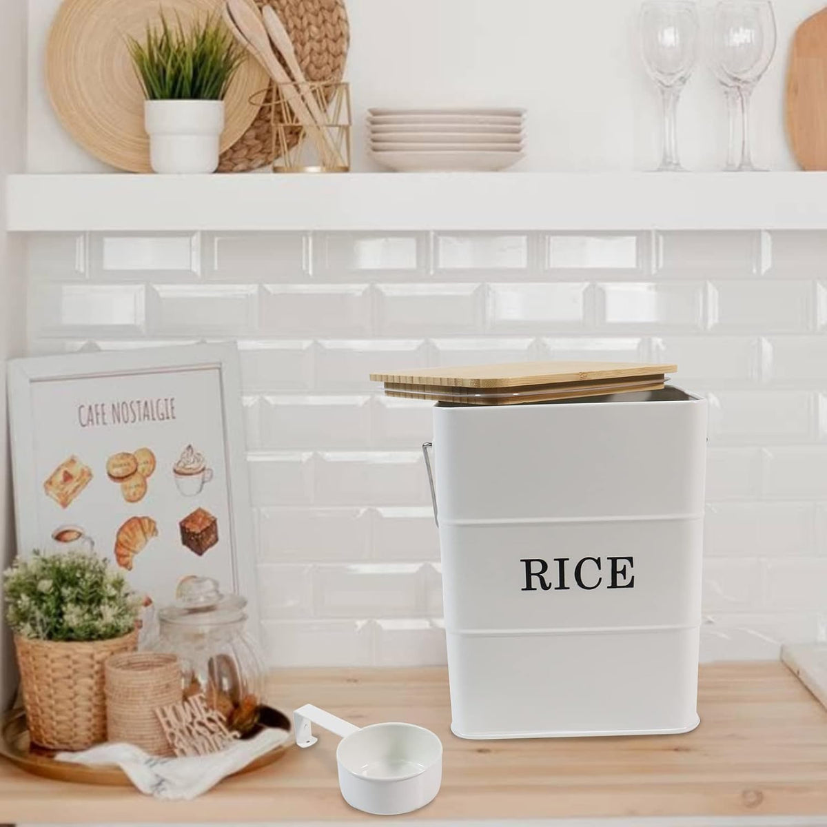 Rice Container Metal Rice Storage Bin, Rice Storage Box with Airtight Bamboo Lid & Scoop, Food Storage Container for Rice Flour Soybean Grain Cereal (White)
