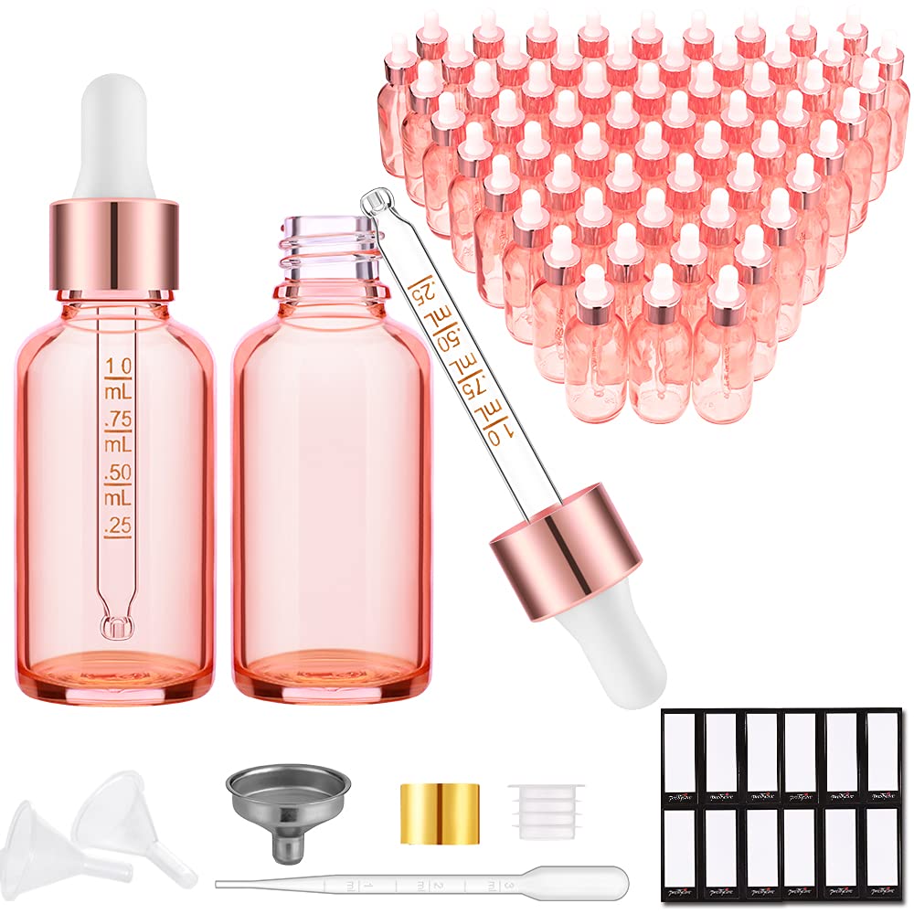 PrettyCare Glass Eye Dropper Bottles 24 Pack, 1oz (30ml) Clear Empty Thick Bottles Bulk with Leakproof Golden Caps - With Labels & Funnels for Storage, Travel, Essential Oils, Cuticle Oils, Tinctures