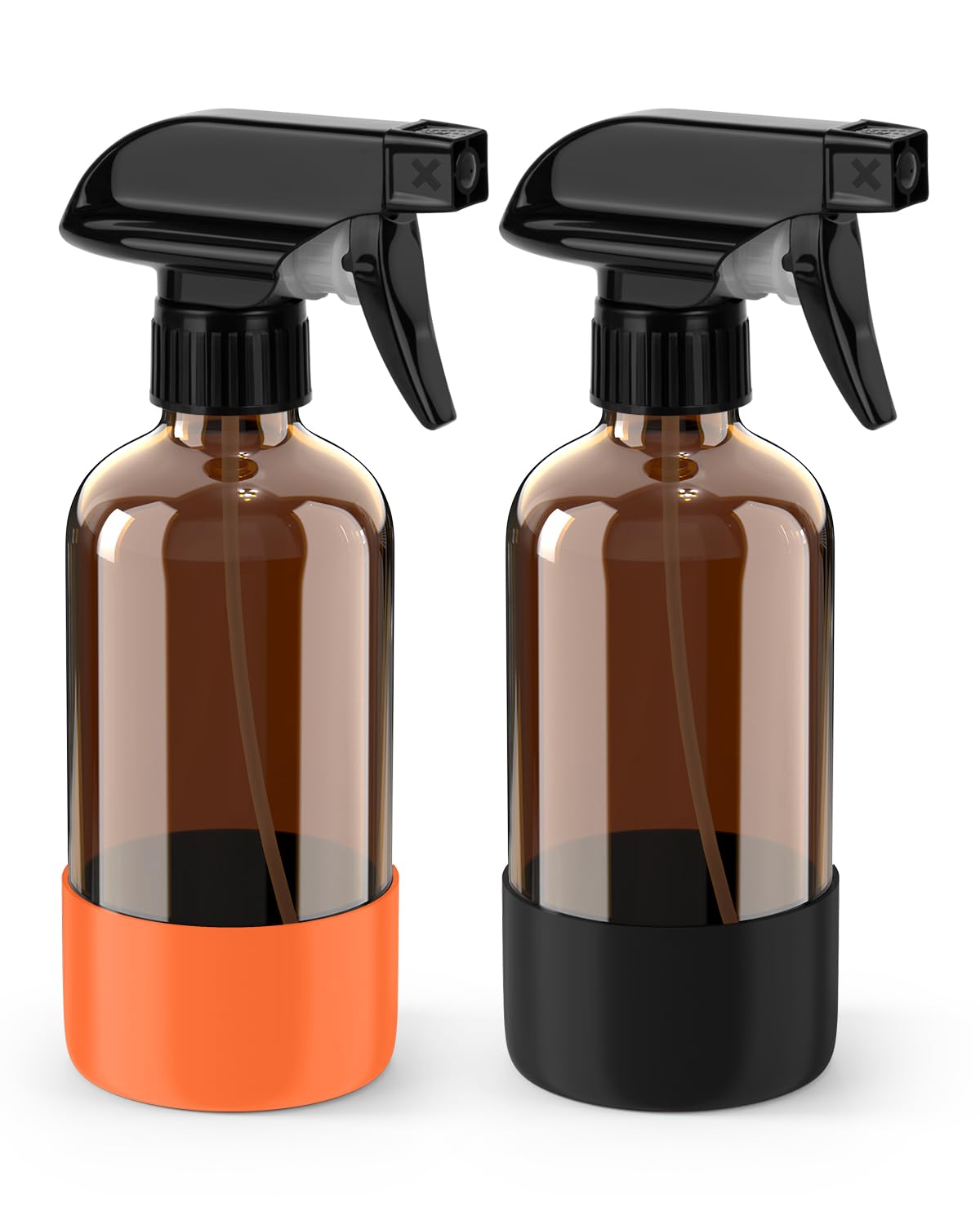 Bontip Glass Spray Bottle with Silicone Sleeve Protection, Amber Glass Spray Bottle Set for Window Cleaner Aromatherapy Facial Hydration Watering Flowers Hair Care 2 Pack/16 oz (Black & Brown)