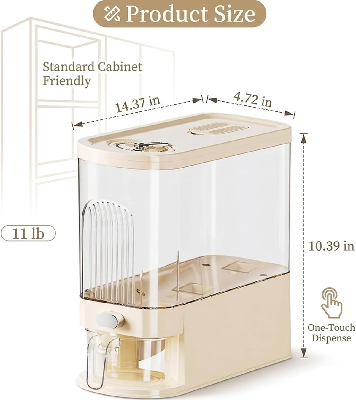Slim Rice Dispenser with Manual Date Tracker, 11 Lbs Large Grain Storage Container for Kitchen Gap, 4.72" Wide Narrow Rice Bin with Measuring Cup, Beige