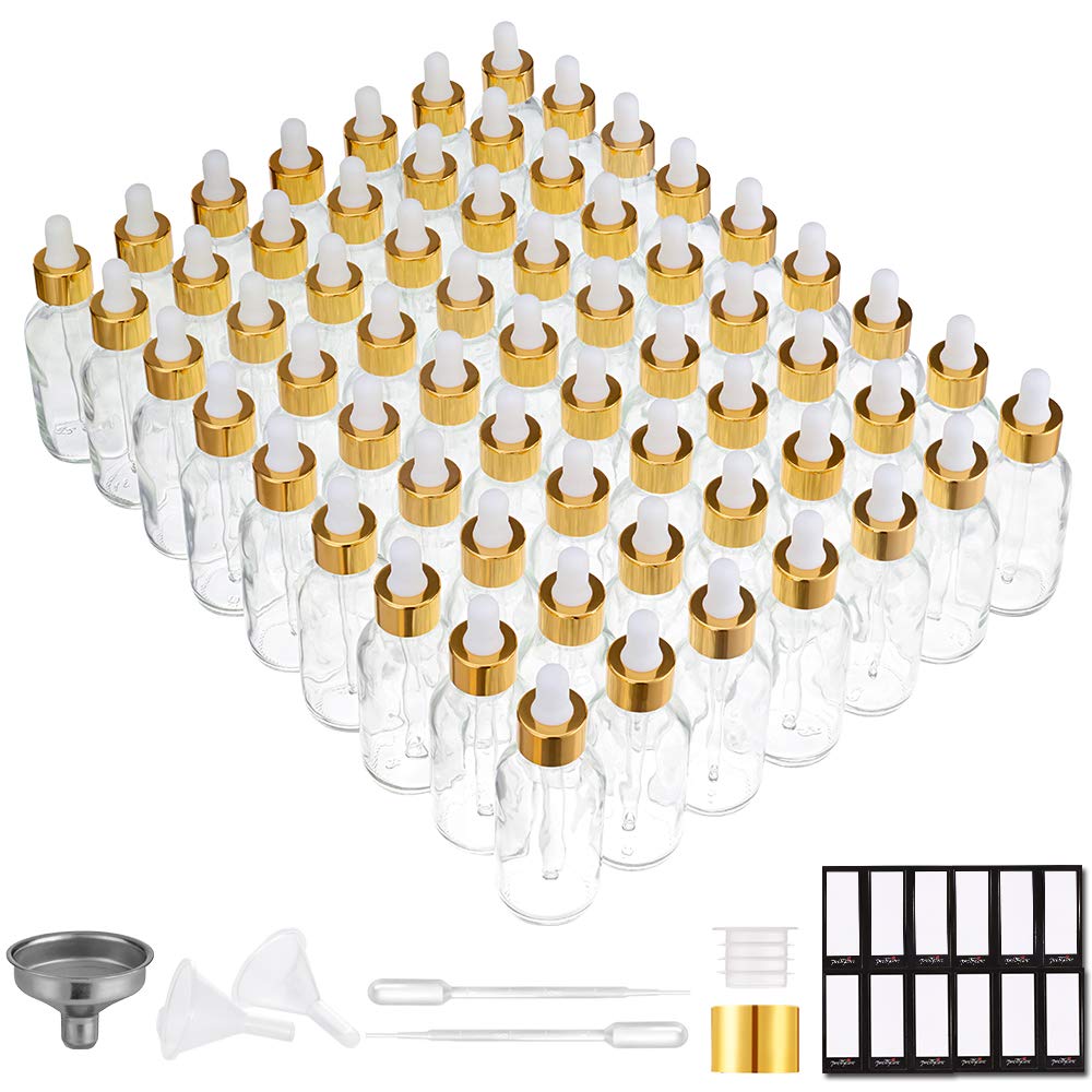PrettyCare Glass Eye Dropper Bottles 24 Pack, 1oz (30ml) Clear Empty Thick Bottles Bulk with Leakproof Golden Caps - With Labels & Funnels for Storage, Travel, Essential Oils, Cuticle Oils, Tinctures