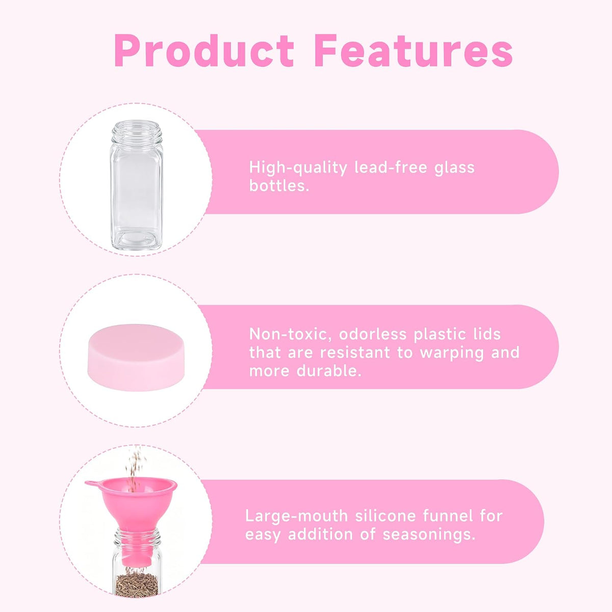 6 Pcs Glass Spice Jars with Label, 4oz Pink Airtight Seasoning Containers