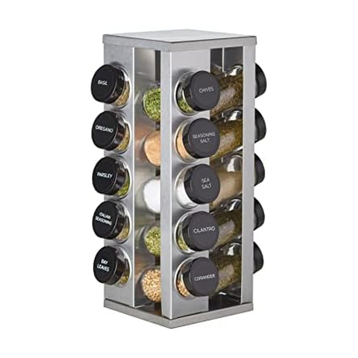 Kamenstein 20 Jar Revolving Countertop Spice Rack with Spices Included, FREE Spice Refills for 5 Years, Polished Stainless Steel with Black Caps, 30020