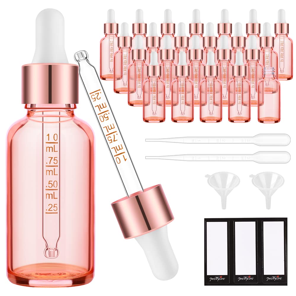 PrettyCare Glass Eye Dropper Bottles 24 Pack, 1oz (30ml) Clear Empty Thick Bottles Bulk with Leakproof Golden Caps - With Labels & Funnels for Storage, Travel, Essential Oils, Cuticle Oils, Tinctures