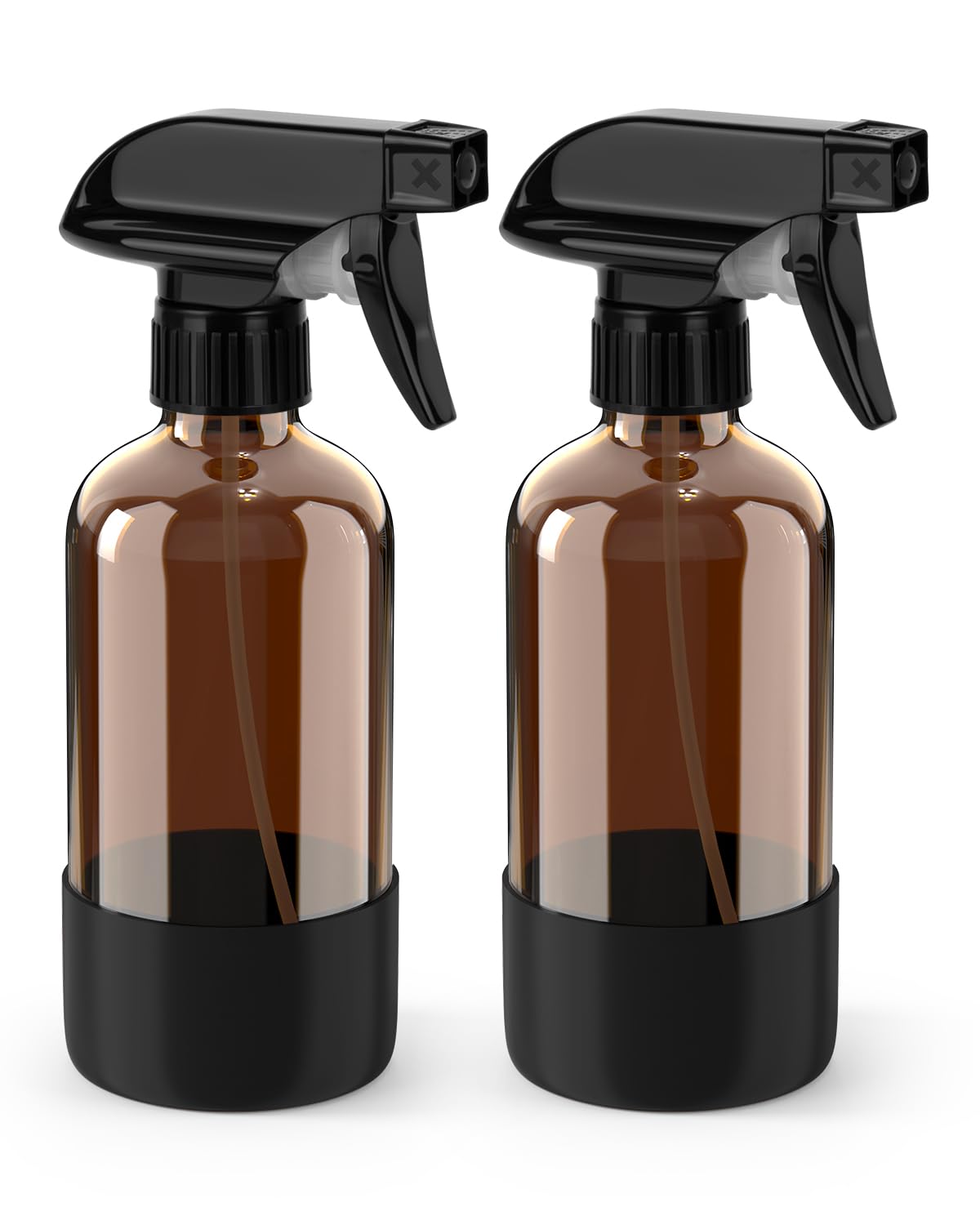 Bontip Glass Spray Bottle with Silicone Sleeve Protection, Amber Glass Spray Bottle Set for Window Cleaner Aromatherapy Facial Hydration Watering Flowers Hair Care 2 Pack/16 oz (Black & Brown)