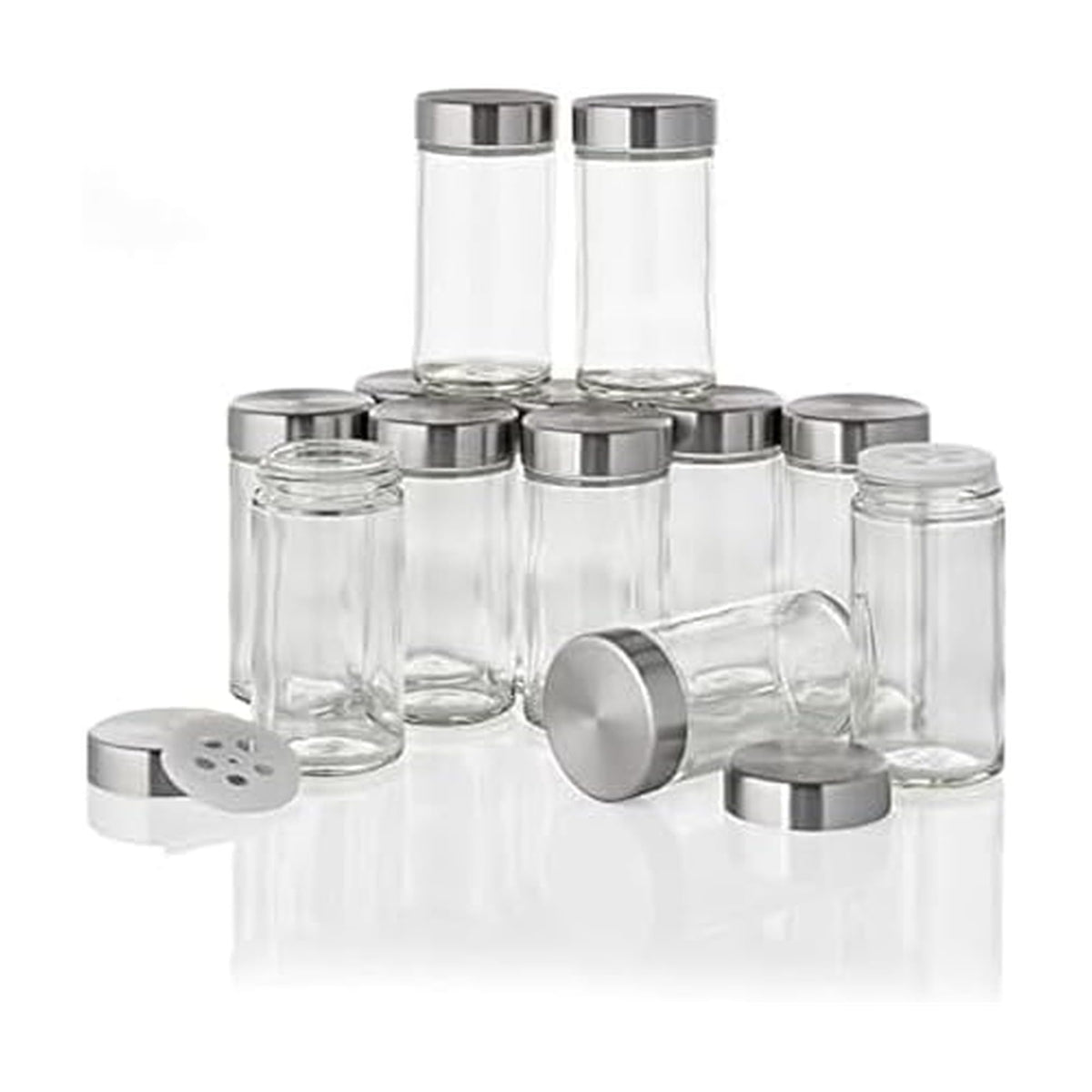 Kamenstein Clear Reusable 3 Oz Jars With Stainless Steel Shaker Lids, And Twist-On Caps For Airtight Seals 12 Pk