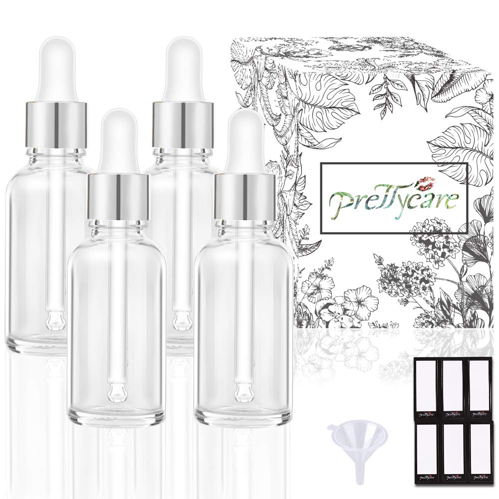 PrettyCare Glass Eye Dropper Bottles 24 Pack, 1oz (30ml) Clear Empty Thick Bottles Bulk with Leakproof Golden Caps - With Labels & Funnels for Storage, Travel, Essential Oils, Cuticle Oils, Tinctures