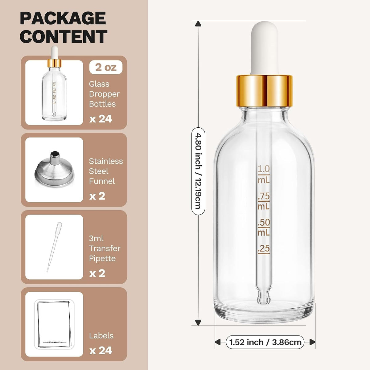 Bumobum 24 Pack 2 oz Clear Glass Dropper Bottles, 60ml Tincture Bottles