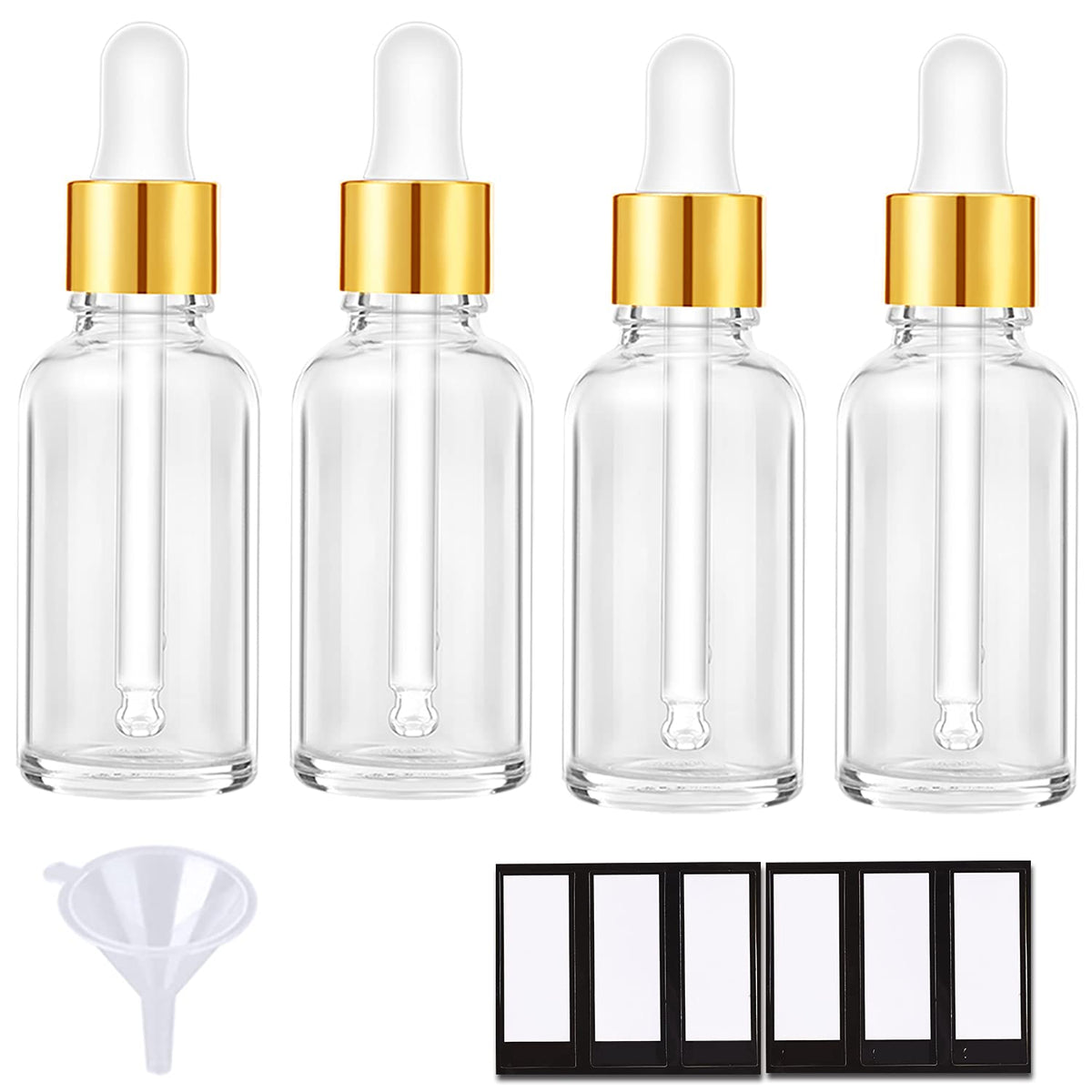 PrettyCare Glass Eye Dropper Bottles 24 Pack, 1oz (30ml) Clear Empty Thick Bottles Bulk with Leakproof Golden Caps - With Labels & Funnels for Storage, Travel, Essential Oils, Cuticle Oils, Tinctures