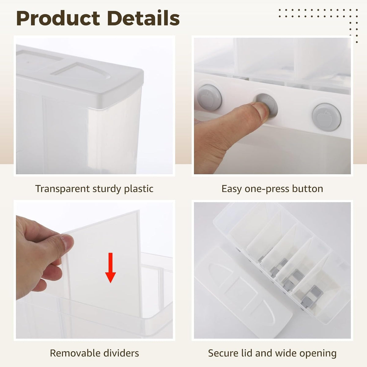 Wall Mounted 6-Grid Rice Dispenser, 22 lbs Large Capacity Dry Food Cereal Storage, Press Button Quantitative Output with Transparent Drawer for Kitchen Pantry Organization
