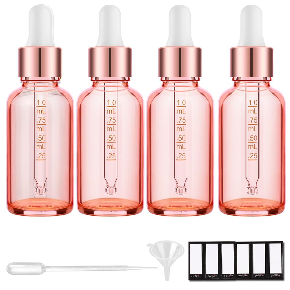 PrettyCare Glass Eye Dropper Bottles 24 Pack, 1oz (30ml) Clear Empty Thick Bottles Bulk with Leakproof Golden Caps - With Labels & Funnels for Storage, Travel, Essential Oils, Cuticle Oils, Tinctures