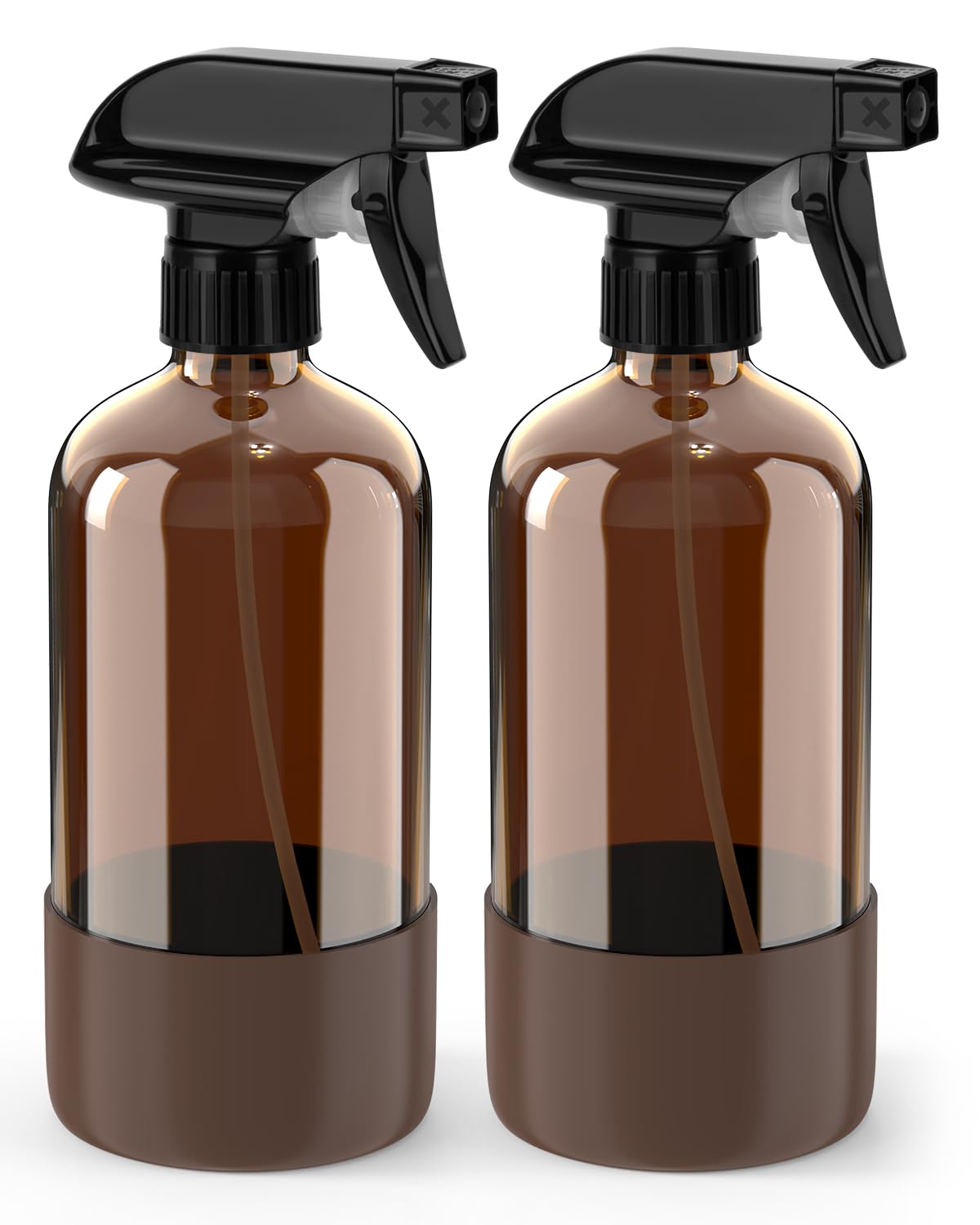 Bontip Glass Spray Bottle with Silicone Sleeve Protection, Amber Glass Spray Bottle Set for Window Cleaner Aromatherapy Facial Hydration Watering Flowers Hair Care 2 Pack/16 oz (Black & Brown)