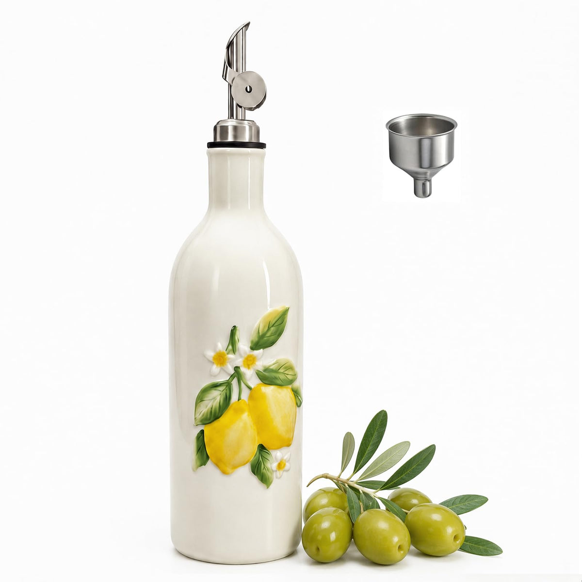 Ceramic Olive Oil Dispenser Bottle with Spout, 18 OZ, Flower
