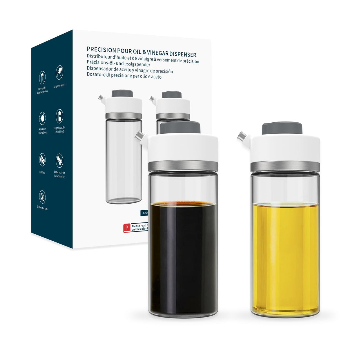 KITCHENDAO Precision Pour Glass Oil Dispenser with 3 Modes, Drip-free Spout, Two Adjustable Flowing Speed, 12 oz Vinegar Dispenser Bottle for Kitchen, Borosilicate Glass Olive Oil Bottle for Cooking