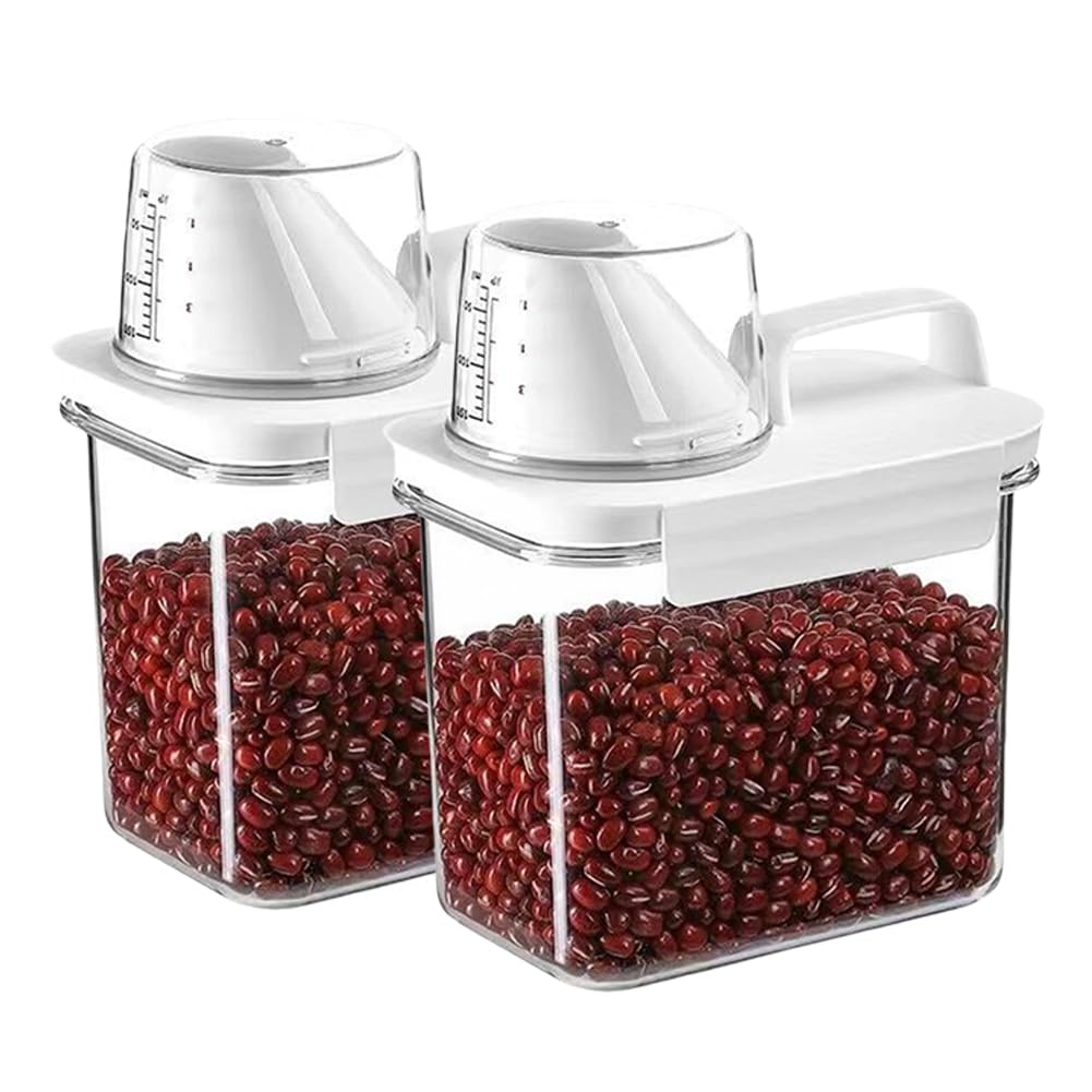 2Pcs Rice Dispenser Storage Containers, 1.1L Small Rice Bucket with Measuring Cup & Pour Spout, Kitchen Plastic Airtight Container for Cereal, Grain, Flour, Sugar, Oatmeal, Dry Pet Dog Food