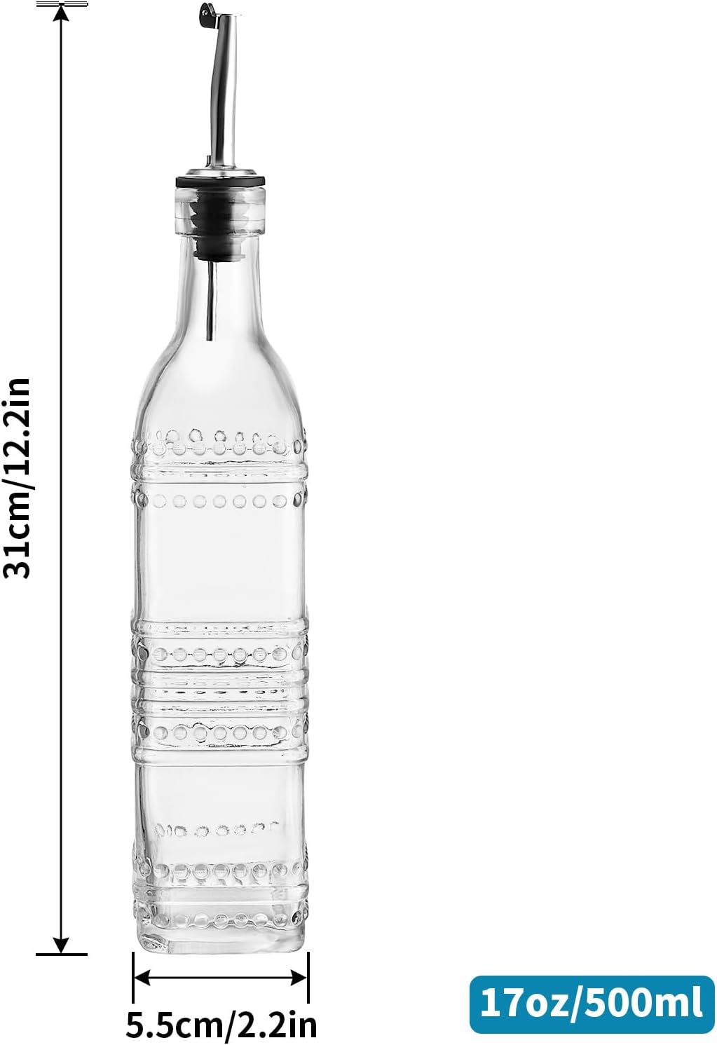 MDLUU Oil and Vinegar Dispenser Set, 17oz Clear Glass Olive Oil Bottles, Kitchen Vinegar Decanters with 3 Spouts, 3 Plugs, 1 Funnel, Pack of 3