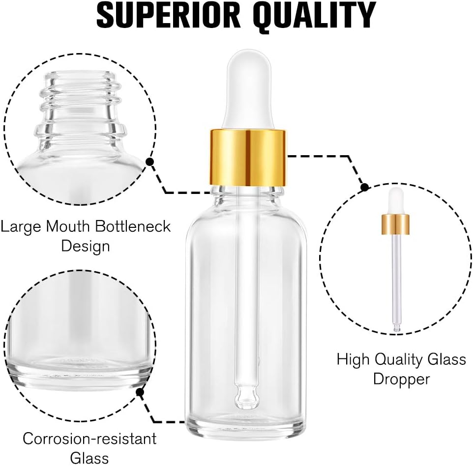 PrettyCare Glass Eye Dropper Bottles 24 Pack, 1oz (30ml) Clear Empty Thick Bottles Bulk with Leakproof Golden Caps - With Labels & Funnels for Storage, Travel, Essential Oils, Cuticle Oils, Tinctures
