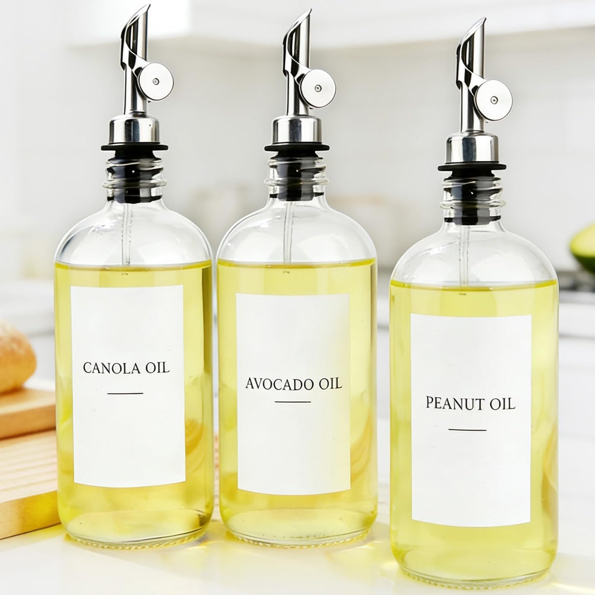 3PCS Oil Dispensers with Labels 16.23oz Kitchen Cooking Glass Bottles Containers with 304 Stainless Steel Automatic Pump Heads Anti-Corrosion & Rustproof