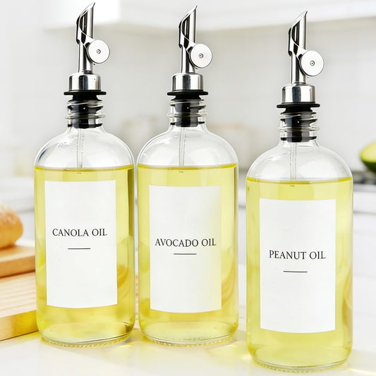 3PCS Oil Dispensers with Labels 16.23oz Kitchen Cooking Glass Bottles Containers with 304 Stainless Steel Automatic Pump Heads Anti-Corrosion & Rustproof