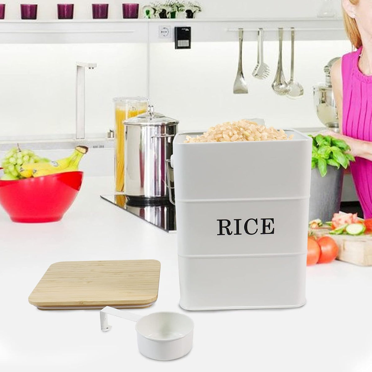 Rice Container Metal Rice Storage Bin, Rice Storage Box with Airtight Bamboo Lid & Scoop, Food Storage Container for Rice Flour Soybean Grain Cereal (White)