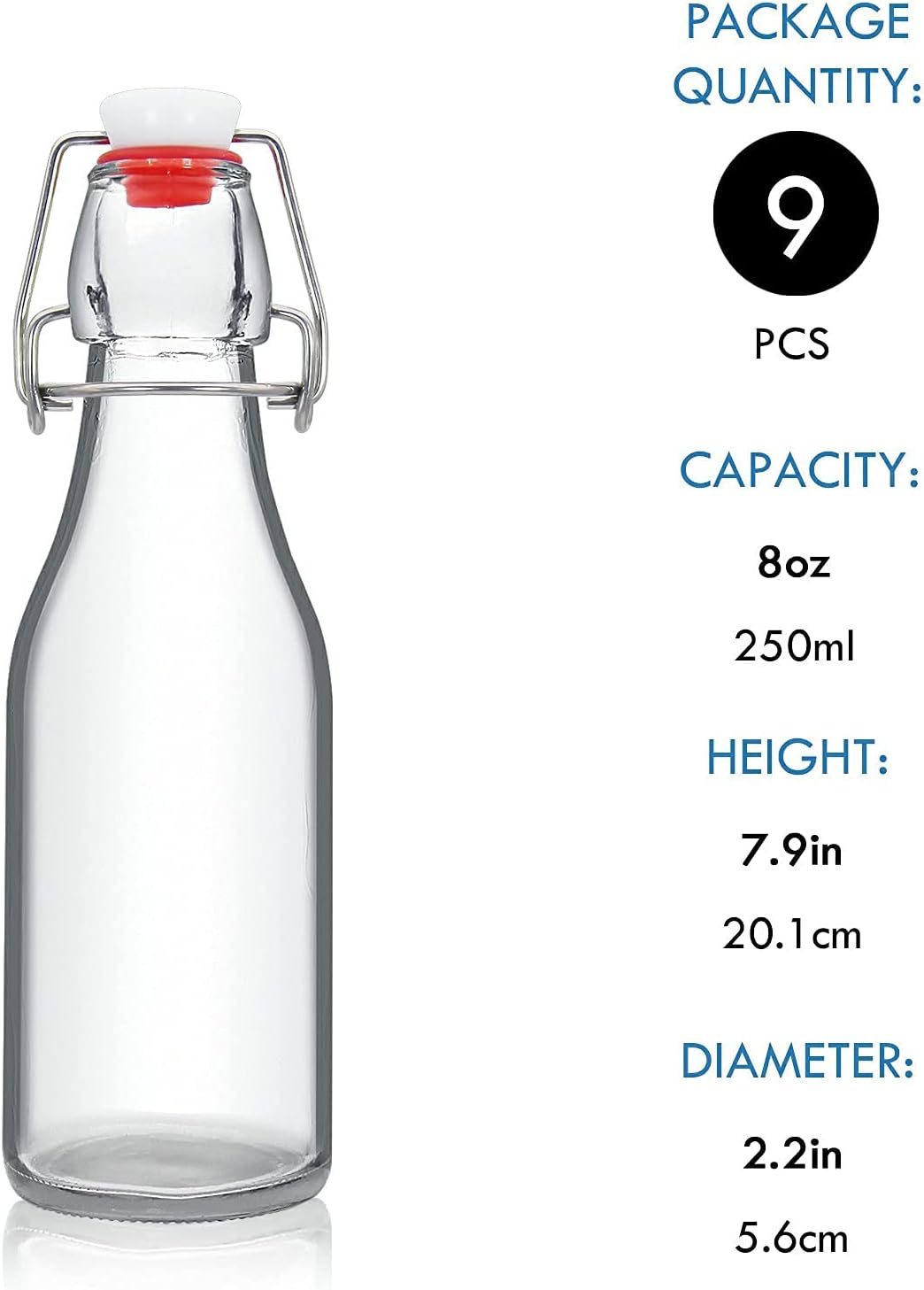 YEBODA 8 oz Clear Swing Top Glass Bottles with Airtight Lids, 9 Pack