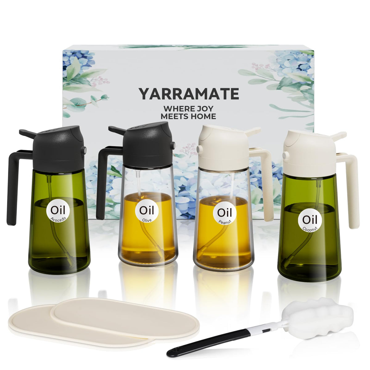 YARRAMATE 2Pcs 16oz/470ml 2 in 1 Oil Sprayer for Cooking with Stickers, Food-grade Glass Oil Spray Bottle, Oil Dispenser and Oil Sprayer for Kitchen, Salad, Frying, BBQ (White &Black)
