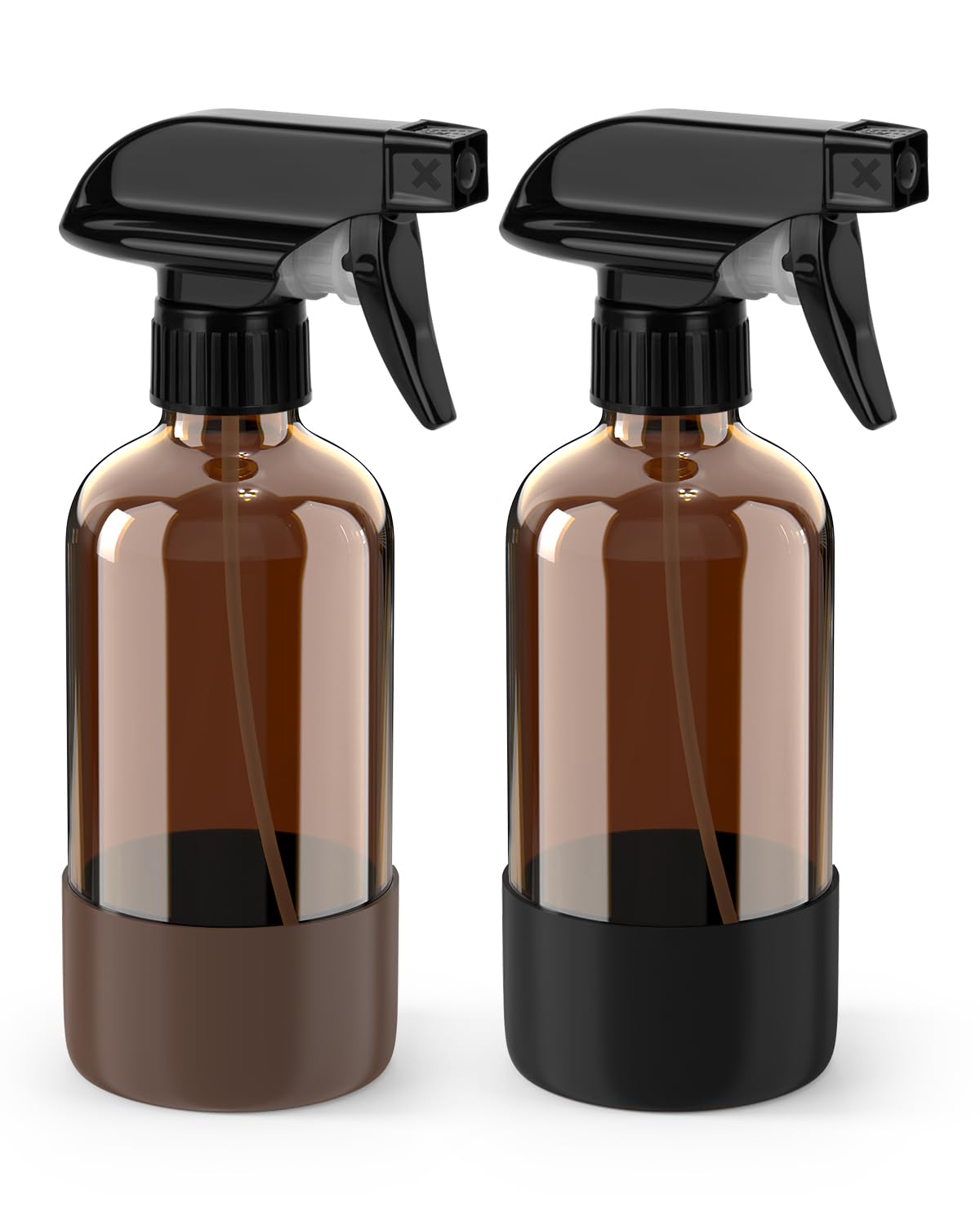 Bontip Glass Spray Bottle with Silicone Sleeve Protection, Amber Glass Spray Bottle Set for Window Cleaner Aromatherapy Facial Hydration Watering Flowers Hair Care 2 Pack/16 oz (Black & Brown)