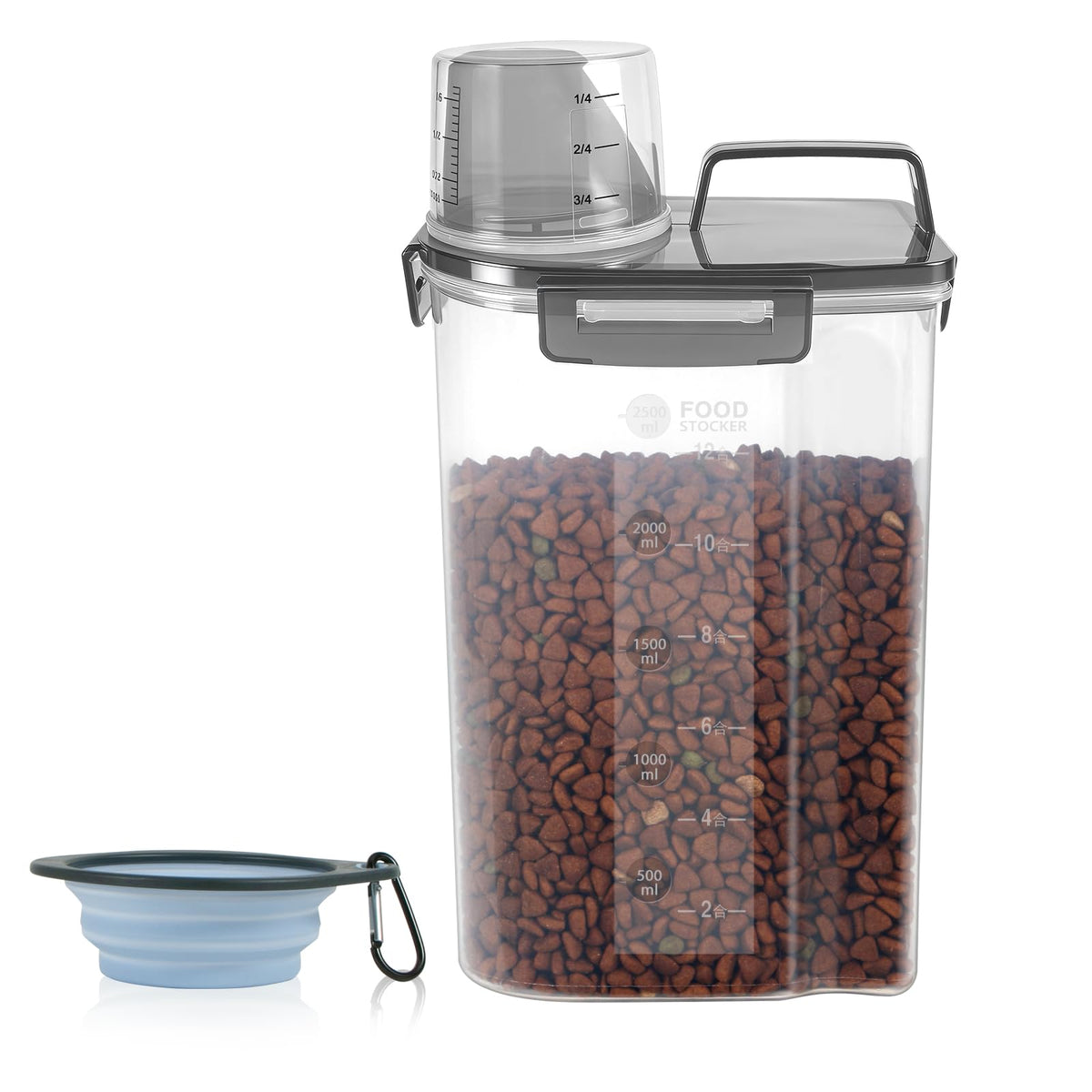 LEAWALK 3-5Lbs/3Qt Dog Cat Food Storage Container With Foldable Bowl., Plastic Pet Food Dispenser for Small Animal Kibble/Pet Food/Bird Seed/Oatmeal/Rice/Flour/Brown Sugart/Cereals (Clear Grey)