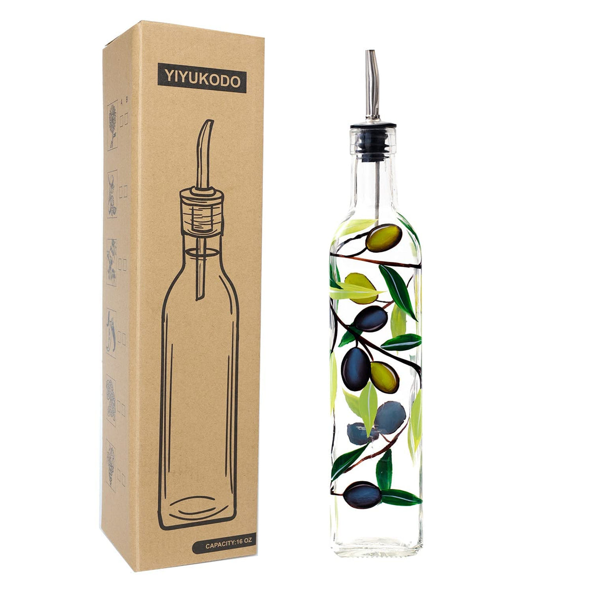 17oz Hand Painted Glass Olive Oil Bottle Dispenser - 500ml Green Oil & Vinegar Cruet with Pourers - Olive Oil Carafe Decanter for Kitchen (olive2)