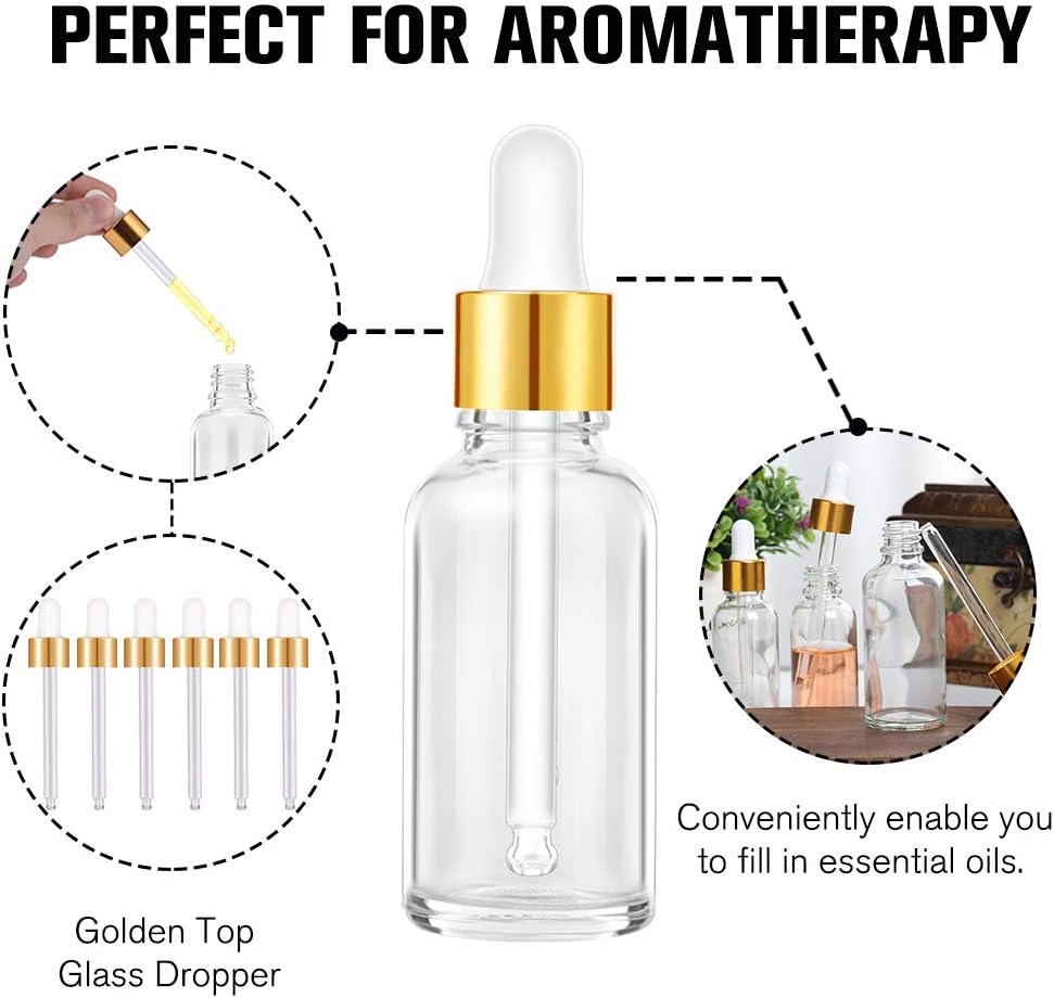 PrettyCare Glass Eye Dropper Bottles 24 Pack, 1oz (30ml) Clear Empty Thick Bottles Bulk with Leakproof Golden Caps - With Labels & Funnels for Storage, Travel, Essential Oils, Cuticle Oils, Tinctures