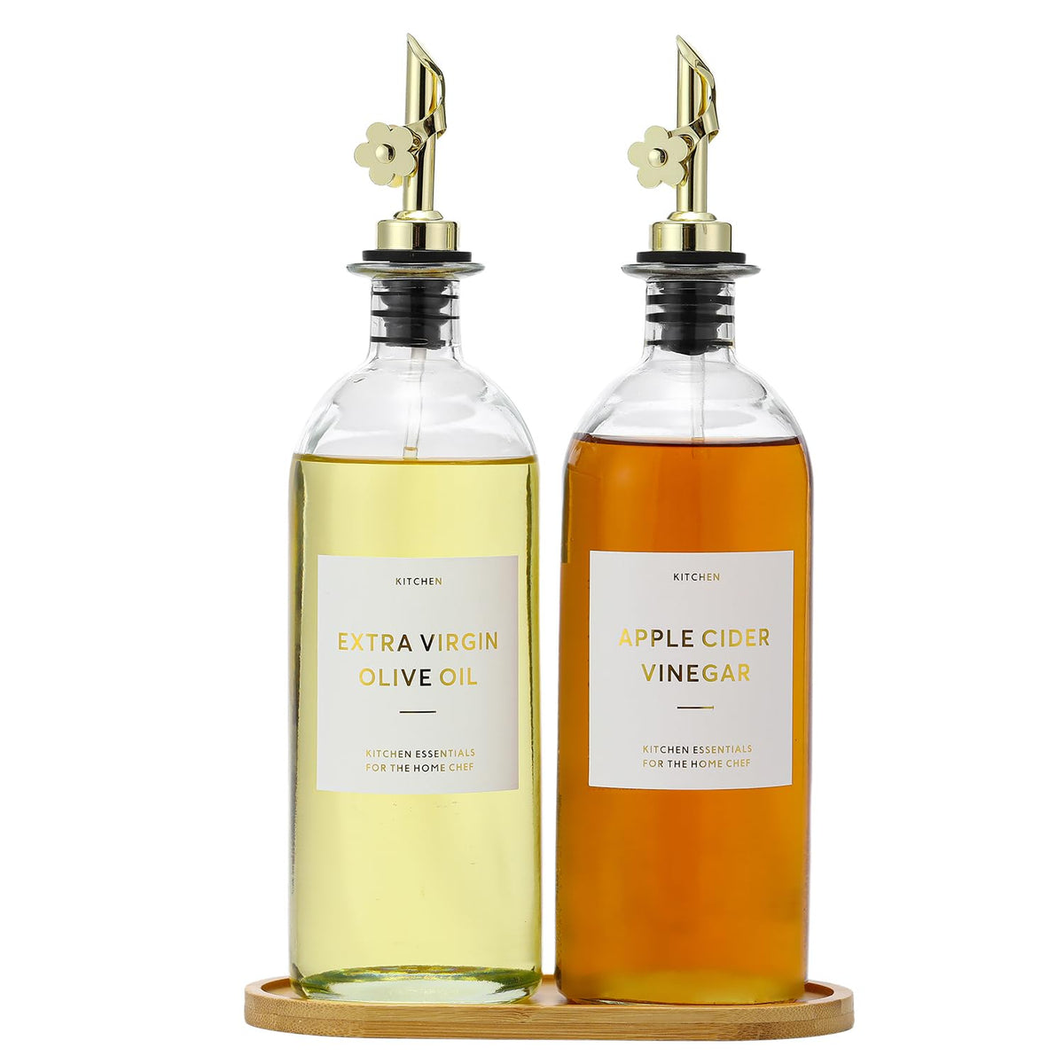 HOMCDALY Olive Oil Dispenser for Kitchen, 12oz Glass kitchen Dispenser Bottle, Gold Oil&Vinegar Cruet Set, Leakproof Oil Containers for Cooking| Set of 2 (12oz – Gold)