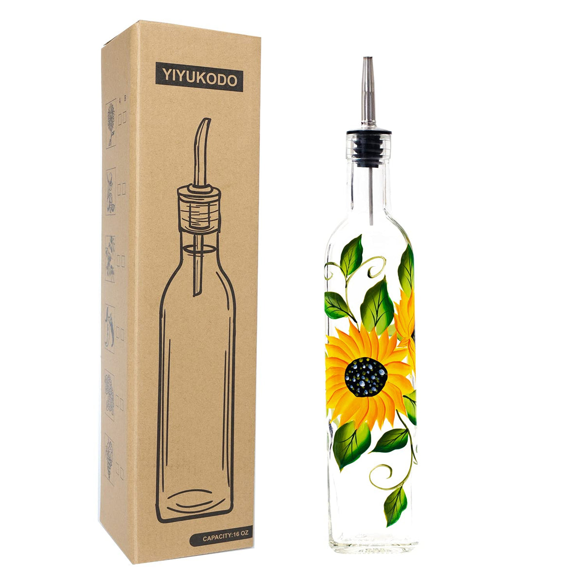 17oz Hand Painted Glass Olive Oil Bottle Dispenser - 500ml Green Oil & Vinegar Cruet with Pourers - Olive Oil Carafe Decanter for Kitchen (olive2)