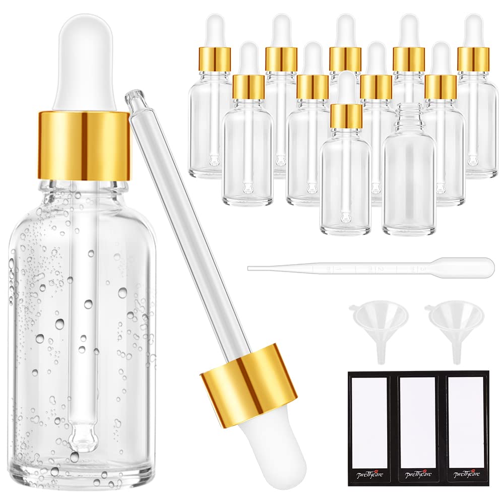 PrettyCare Glass Eye Dropper Bottles 24 Pack, 1oz (30ml) Clear Empty Thick Bottles Bulk with Leakproof Golden Caps - With Labels & Funnels for Storage, Travel, Essential Oils, Cuticle Oils, Tinctures